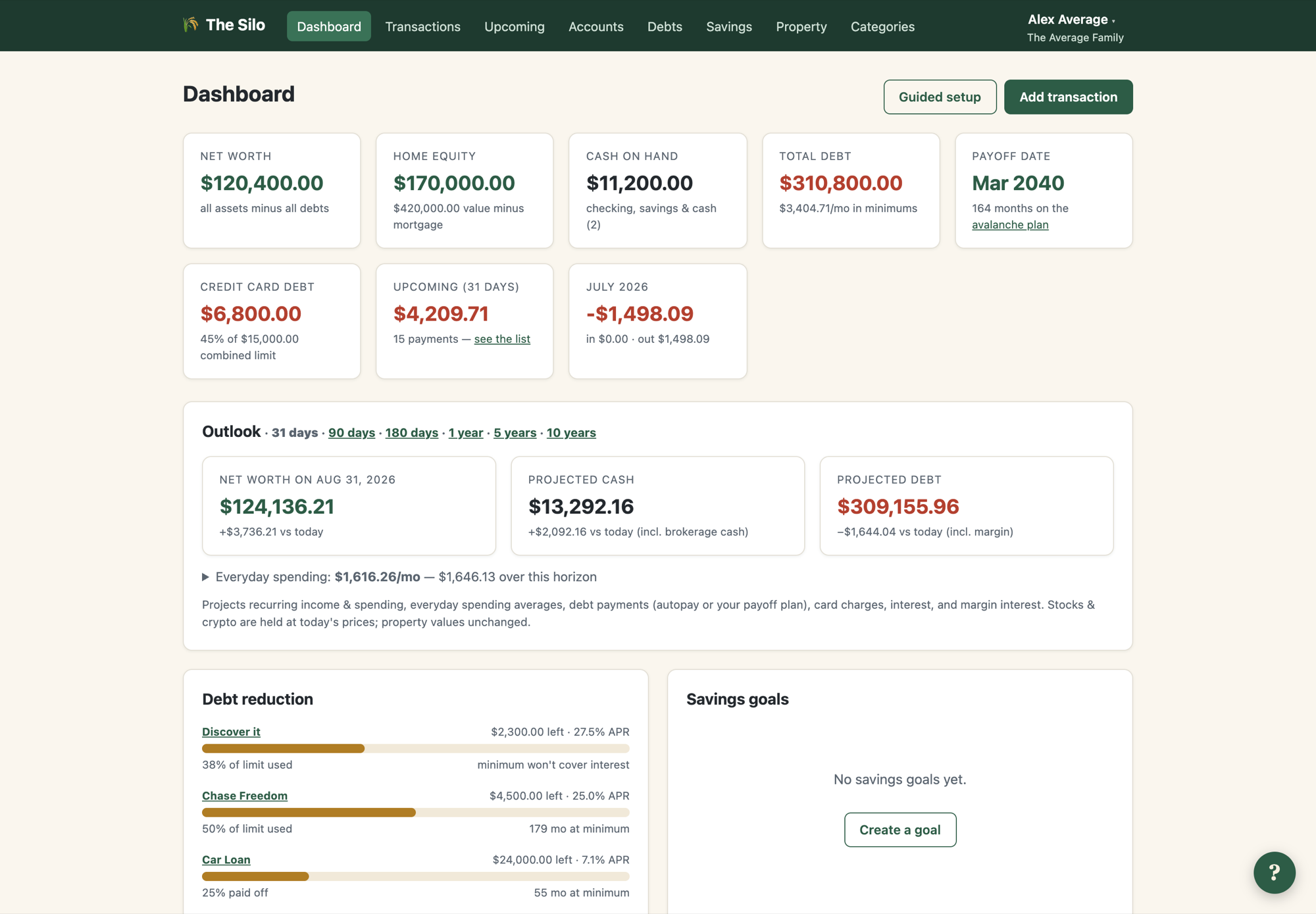 The Silo dashboard: net worth, cash on hand, total debt, and the payoff date