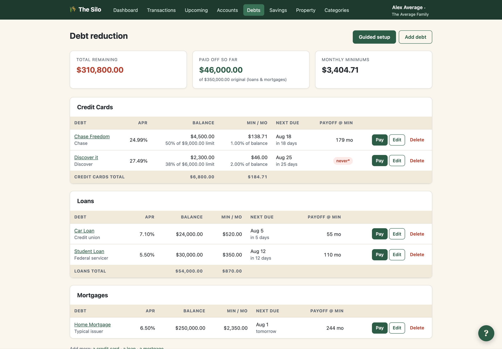 The Silo debt reduction page: every debt with APR, balance, minimum and payoff-at-minimum